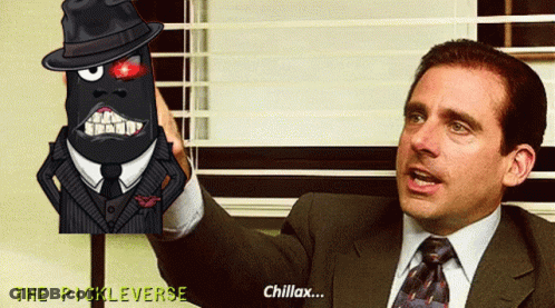 Man In Suit Holding Cartoon Picture Says Chillax The Pickleverse GIF