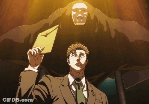 Man In Suit Holding Envelope In Front Of Monster GIF