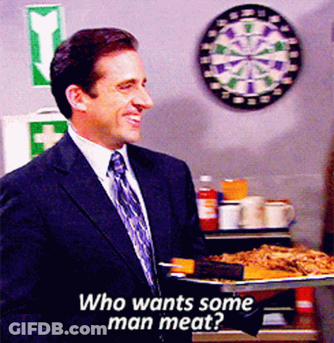 Man In Suit Holding Food Tray Who Wants Some Man Meat GIF