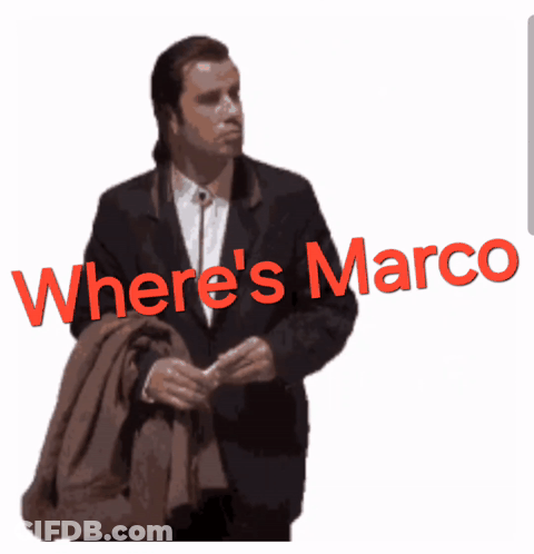 Man In Suit Holding Jacket Saying Where's Marco GIF