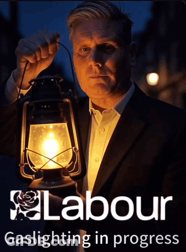 Man In Suit Holding Lantern With Labour Logo GIF
