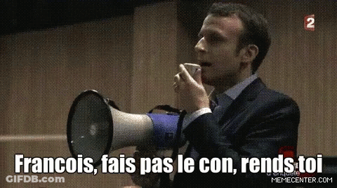 Man In Suit Holding Megaphone Saying Francois, Fais Pas Le Con, Rends Toi GIF
