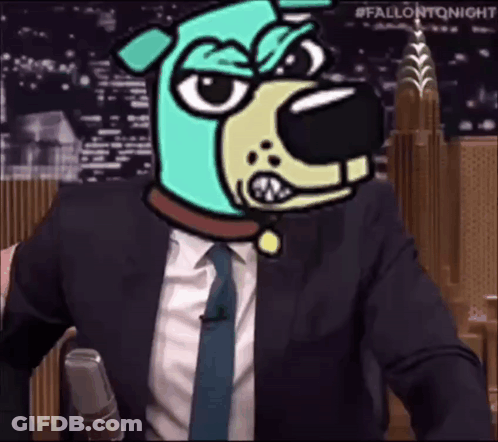 Man In Suit Holding Microphone With Dog Head GIF