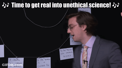 Man In Suit Holding Paper Saying Time To Get Real Into Unethical Science GIF