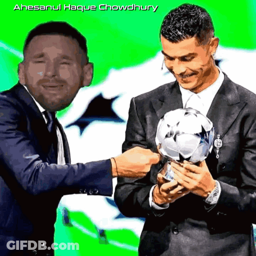 Man In Suit Holding Soccer Ball Beside Crying Man GIF