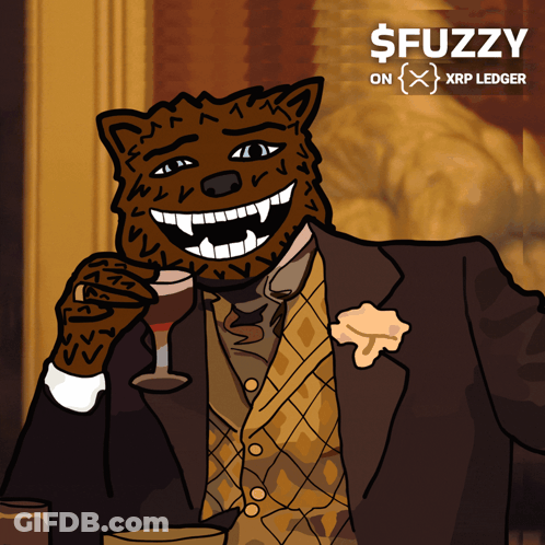 Man In Suit Holding Wine Glass Says $ Fuzzy On XRP Ledger GIF