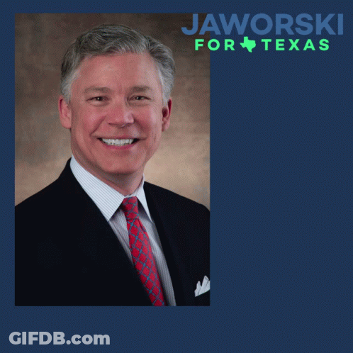 Man In Suit In Front Of Jaworski For Texas Poster GIF