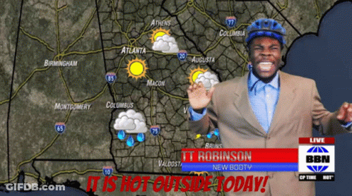 Man In Suit In Front Of Map Saying It Is Hot Outside Today GIF