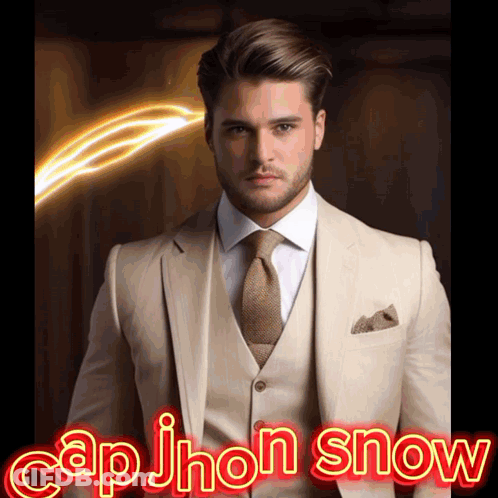 Man In Suit In Front Of Neon Sign Saying Cap Jhon Snow GIF