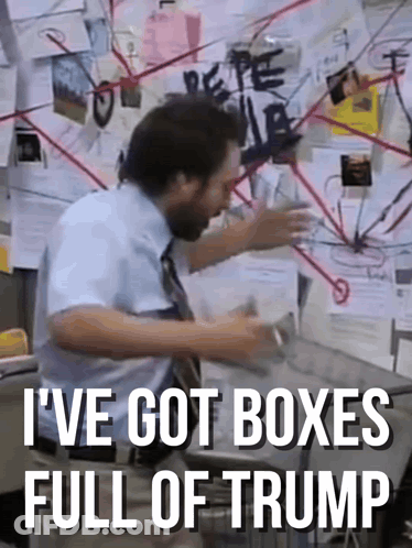 Man In Suit In Front Of Wall Saying I've Got Boxes Full Of Trump GIF