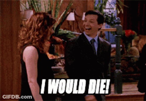 Man In Suit Laughing As Woman Says I Would Die GIF