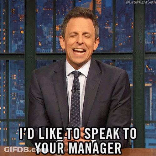 Man In Suit Laughing Says I'd Like To Speak To Your Manager GIF