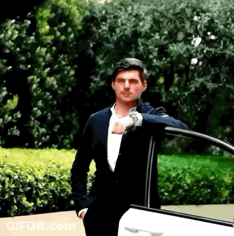 Man In Suit Leaning On Car Door GIF
