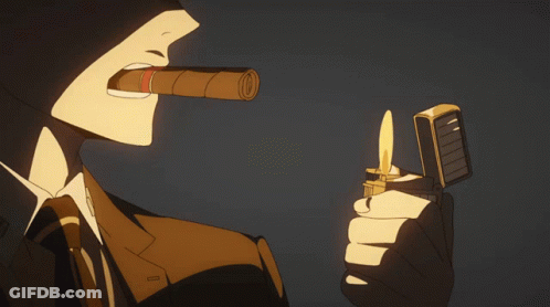 Man In Suit Lighting Cigar With Smiley Lighter GIF