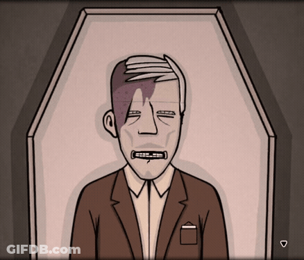 Man In Suit Lying In Coffin With Mouth Open GIF