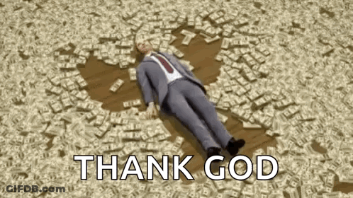Man In Suit Lying On Pile Of Money Saying Thank God GIF