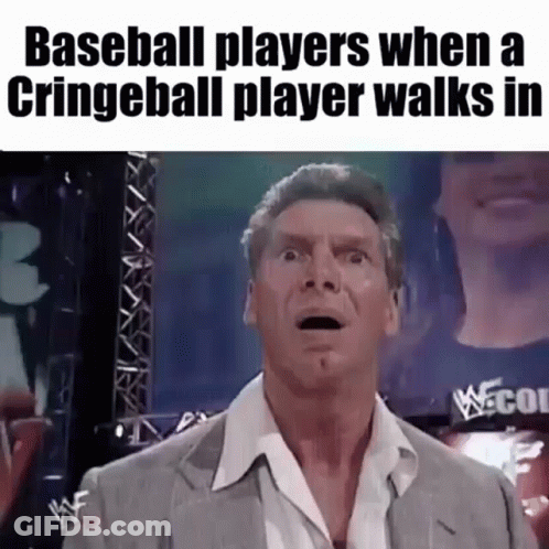 Man In Suit Making Funny Face With Cringeball Player GIF