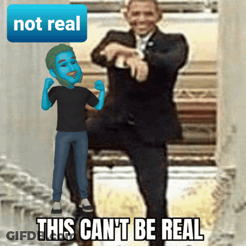 Man In Suit Next To Blue Character Saying Not Real GIF