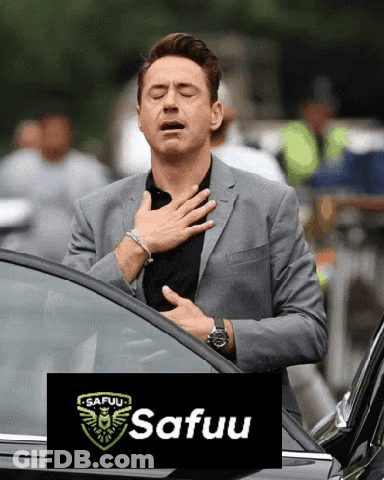 Man In Suit Next To Car Hand On Chest Safuu Logo GIF