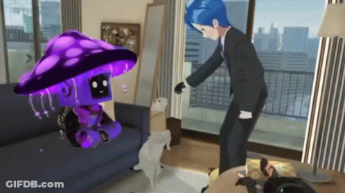 Man In Suit Next To Purple Mushroom Robot GIF