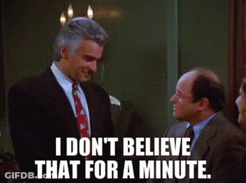 Man In Suit Next To Woman Saying I Don't Believe That For A Minute GIF