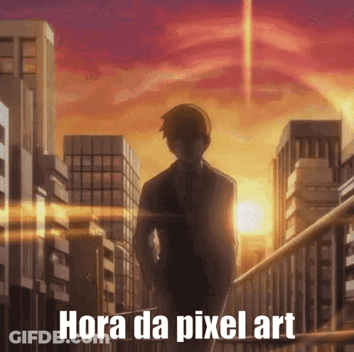 Man In Suit On Balcony Overlooking City Hora Da Pixel Art GIF