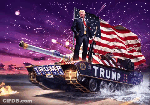 Man In Suit On Tank Saying Trump GIF