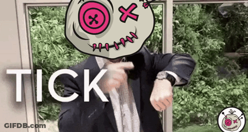 Man In Suit Pointing At Watch With Cartoon Head And Pink Button GIF