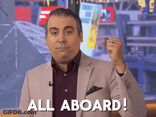 Man In Suit Saying All Aboard GIF