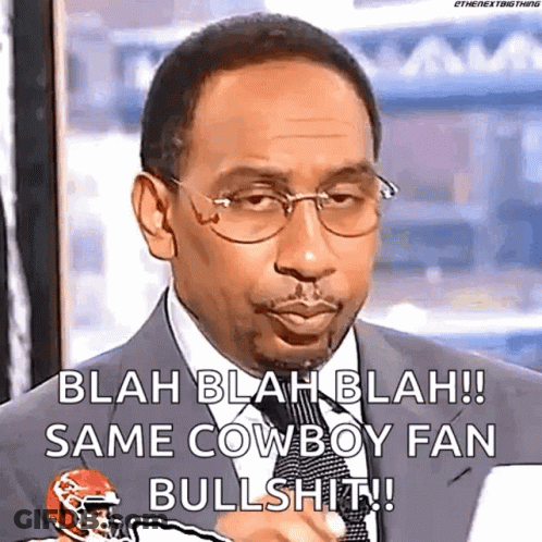 Man In Suit Saying Blah Blah Blah Same Cowboy Fan Bullshit GIF