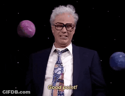 Man In Suit Saying Good Point In Front Of Planets GIF