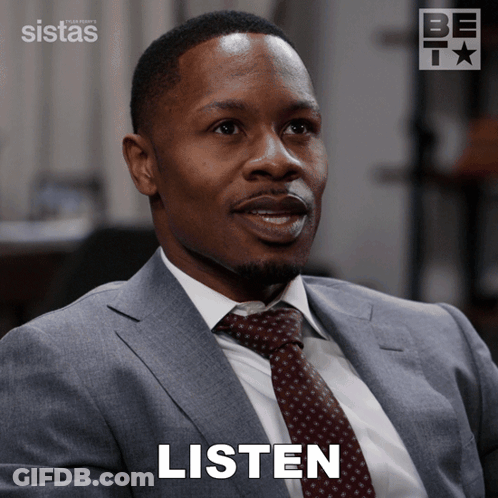 Man In Suit Saying Listen Sistas Logo GIF