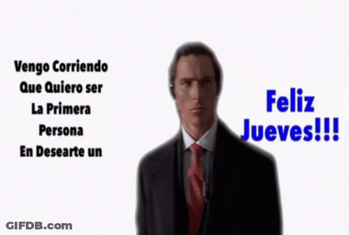 Man In Suit Says Feliz Jueves In Blue Letters GIF