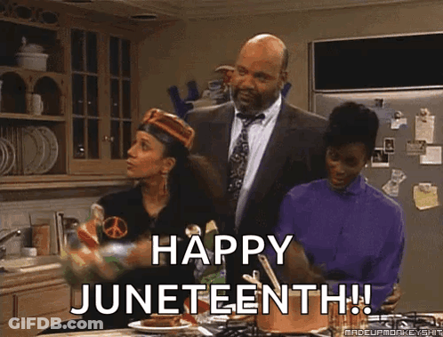 Man In Suit Says Happy Juneteenth Next To Two Women In Kitchen GIF