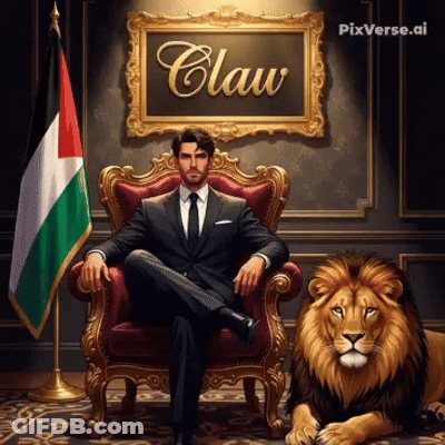 Man In Suit Sitting Next To Lion And Claw Sign GIF