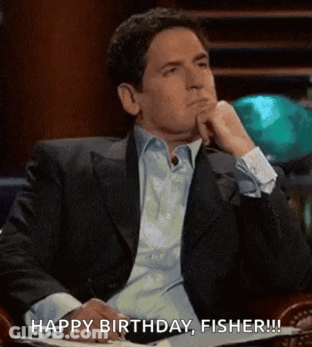 Man In Suit Sitting With Hand On Chin Saying Happy Birthday Fisher GIF