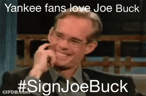 Man In Suit Smiling At Yankee Fans Love Joe Buck Sign GIF