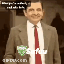Man In Suit Smiling Saying When You're On The Right Track With Safuu GIF