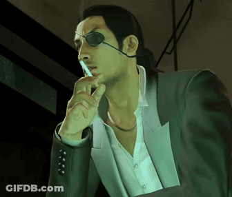 Man In Suit Smoking Cigarette With Eye Patch GIF