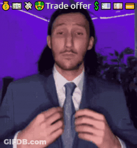 Man In Suit Standing Before Trade Offer Screen GIF