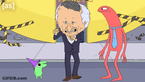 Man In Suit Standing Between Green And Red Monster GIF