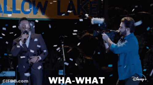 Man In Suit Standing In Front Of Allow Lake Sign Saying Wha-What GIF