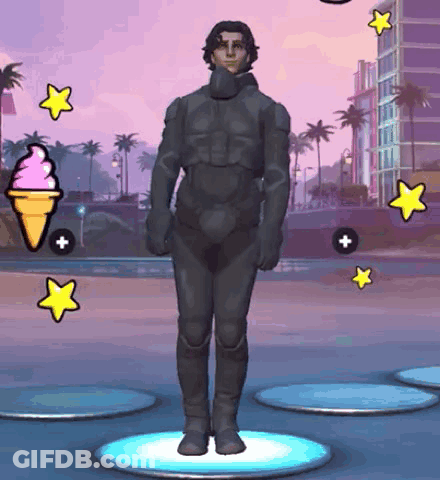 Man In Suit Standing In Front Of Ice Cream Cone And Stars GIF