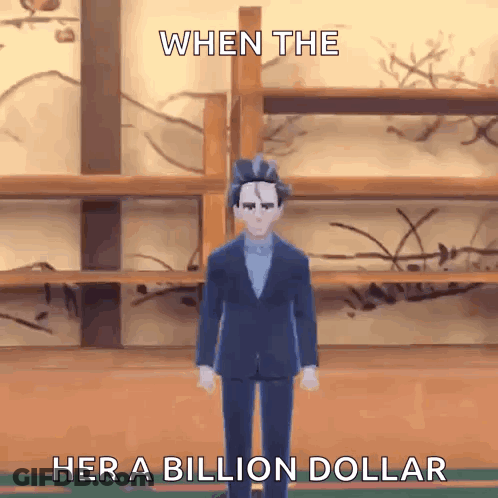 Man In Suit Standing In Front Of Shelf Saying When The Her A Billion Dollar GIF