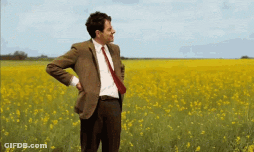 Man In Suit Standing In Yellow Flowers GIF