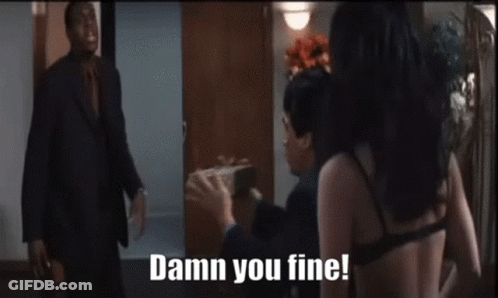 Man In Suit Standing Next To Woman In Bra Saying Damn You Fine GIF