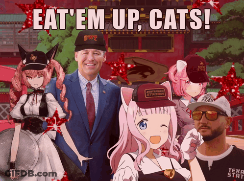 Man In Suit Surrounded By Anime Characters Eat Em Up Cats GIF