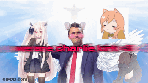 Man In Suit Surrounded By Anime Girls Saying We Are Charlie GIF