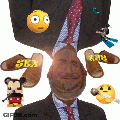 Man In Suit Surrounded By Emoji And Slippers Saying Sex GIF
