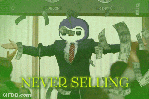 Man In Suit Surrounded By Money Saying Never Selling GIF